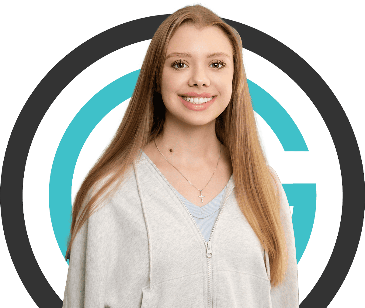 woman smiling in front of logo